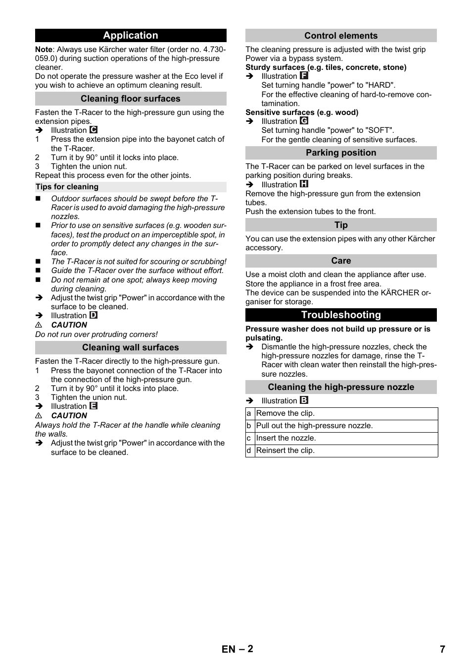 Application, Cleaning floor surfaces, Tips for cleaning | Cleaning wall surfaces, Control elements, Parking position, Care, Troubleshooting, Cleaning the high-pressure nozzle | Karcher K 4 Premium eco!ogic Home User Manual | Page 7 / 68