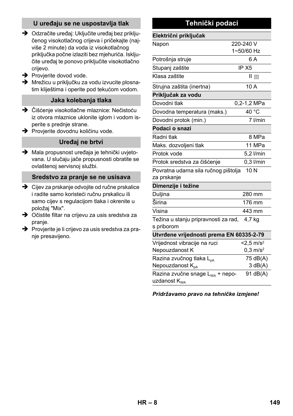 Tehnički podaci | Karcher K 2 Compact Car User Manual | Page 149 / 196