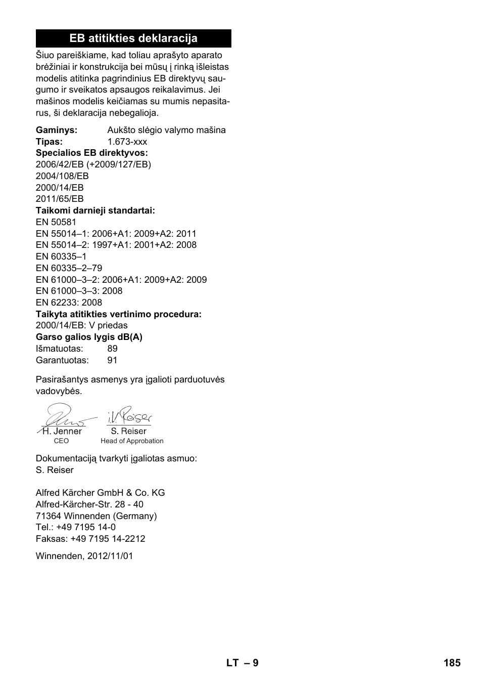 Eb atitikties deklaracija | Karcher K 2 Compact Car User Manual | Page 185 / 196