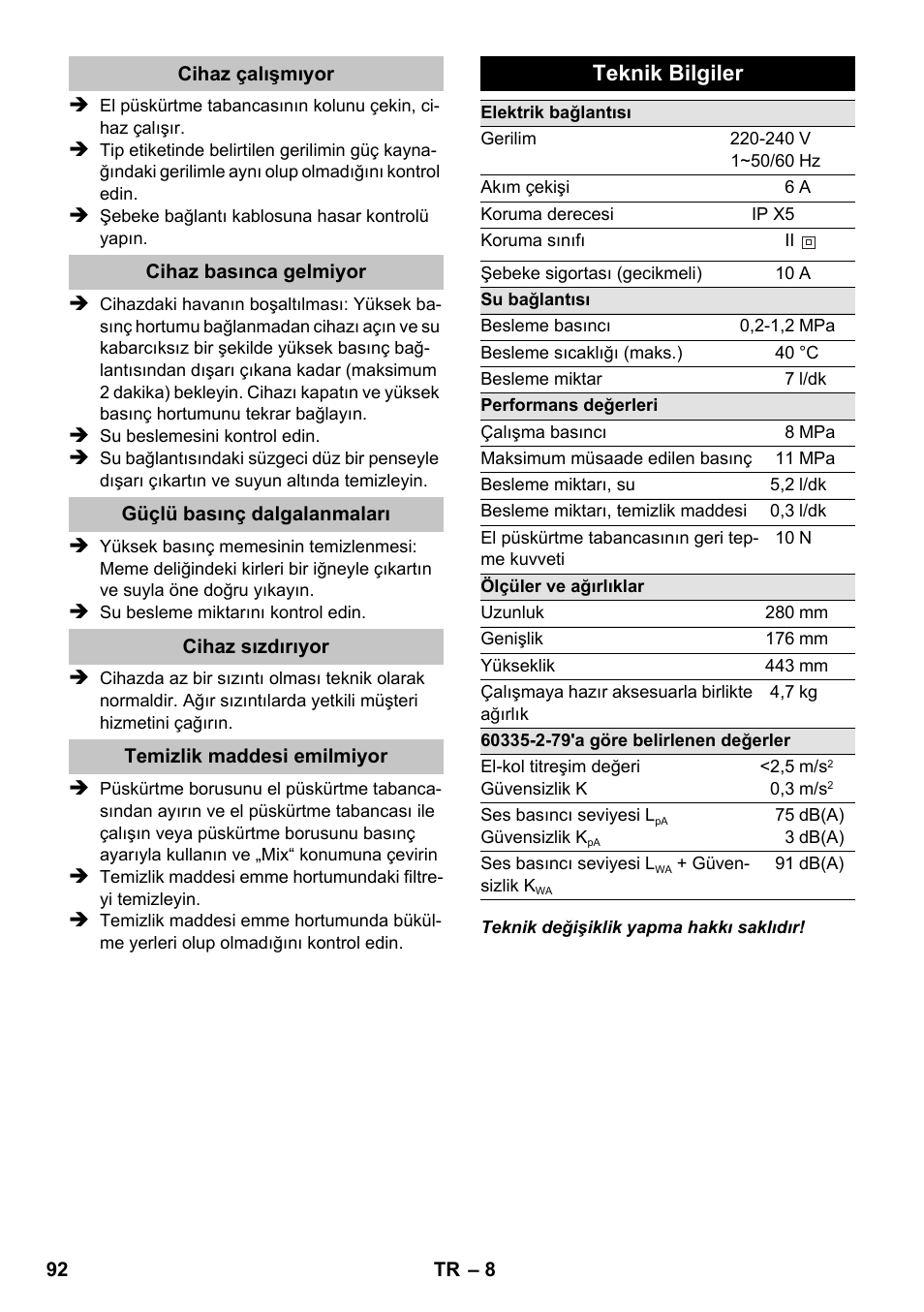Teknik bilgiler | Karcher K 2 Compact Car User Manual | Page 92 / 196