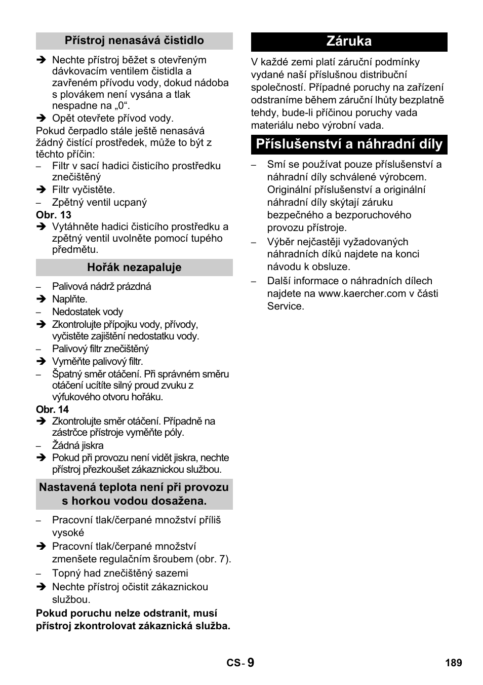 Záruka příslušenství a náhradní díly | Karcher HDS 650 4M BASICEU-I User Manual | Page 189 / 328
