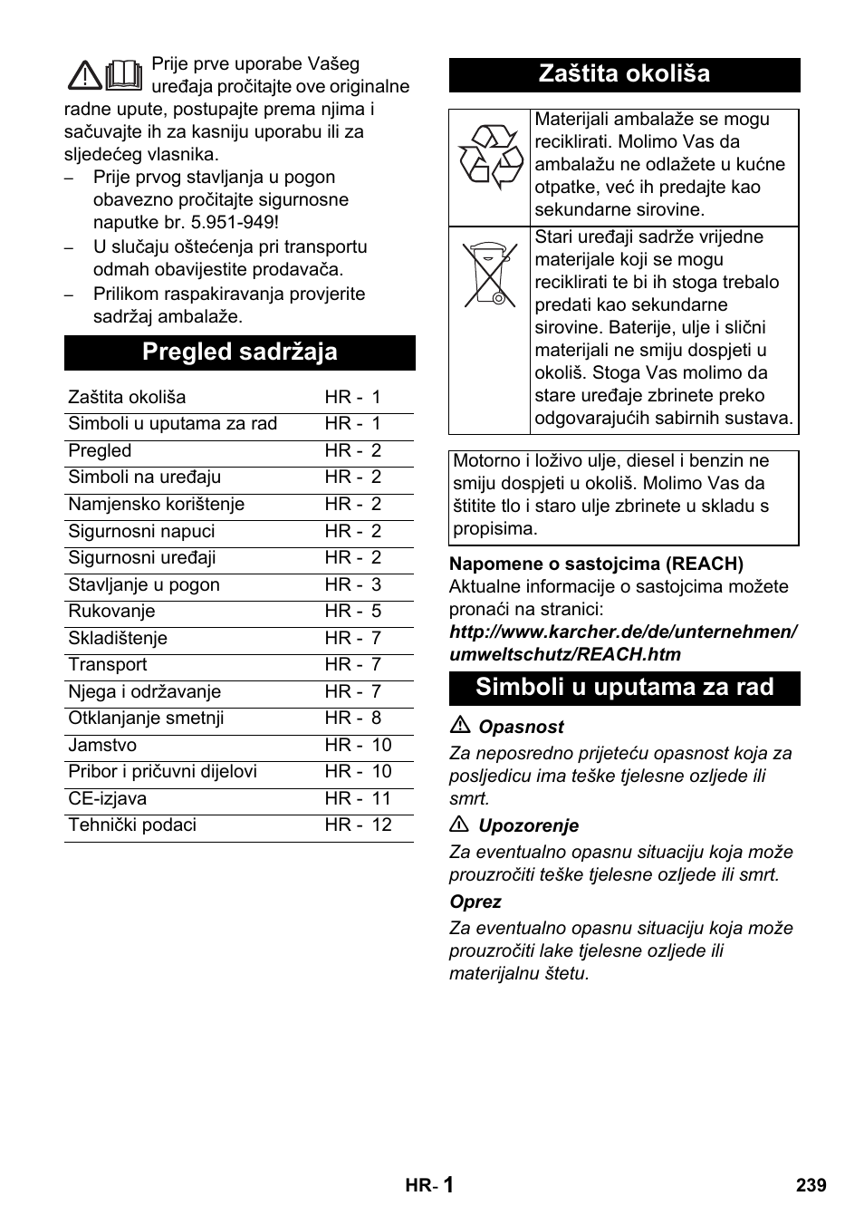 Pregled sadržaja, Zaštita okoliša, Simboli u uputama za rad | Karcher HDS 650 4M BASICEU-I User Manual | Page 239 / 328