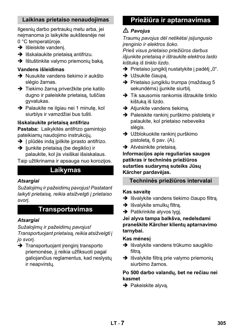 Laikymas transportavimas priežiūra ir aptarnavimas | Karcher HDS 650 4M BASICEU-I User Manual | Page 305 / 328