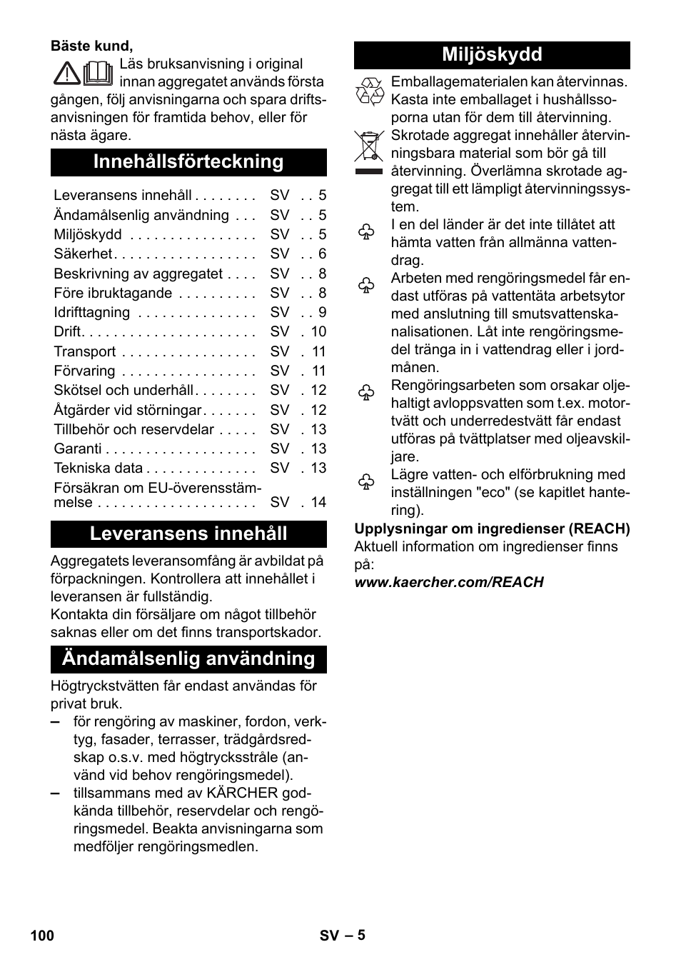 Svenska, Innehållsförteckning, Leveransens innehåll | Ändamålsenlig användning, Miljöskydd | Karcher K 7 Premium eco!ogic Home User Manual | Page 100 / 296