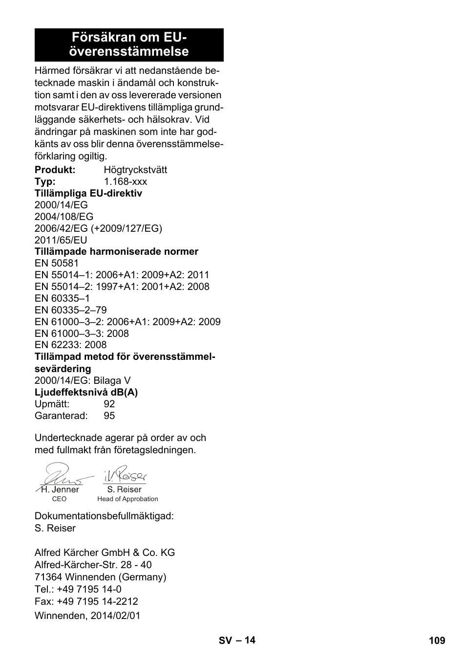 Försäkran om eu- överensstämmelse | Karcher K 7 Premium eco!ogic Home User Manual | Page 109 / 296