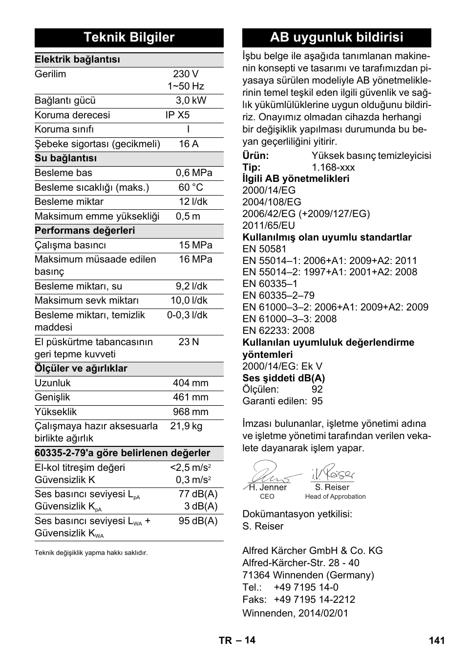 Teknik bilgiler, Ab uygunluk bildirisi | Karcher K 7 Premium eco!ogic Home User Manual | Page 141 / 296