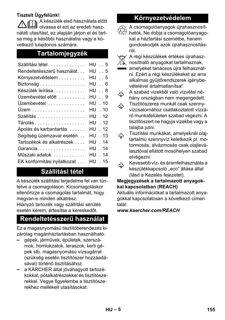 Magyar, Tartalomjegyzék, Szállítási tétel | Rendeltetésszerű használat, Környezetvédelem | Karcher K 7 Premium eco!ogic Home User Manual | Page 155 / 296