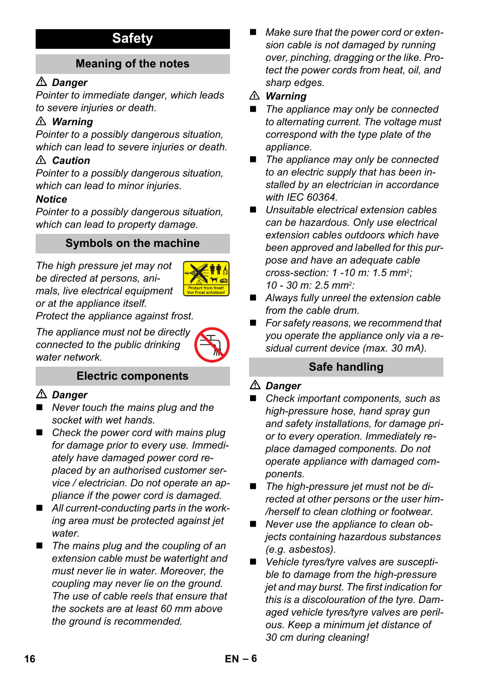 Safety, Meaning of the notes, Symbols on the machine | Electric components, Safe handling | Karcher K 7 Premium eco!ogic Home User Manual | Page 16 / 296