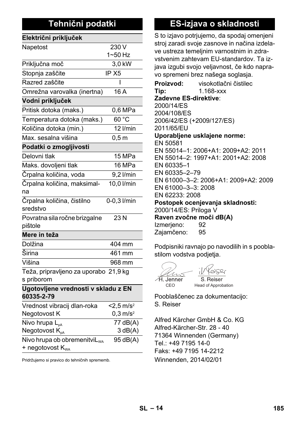 Tehnični podatki, Es-izjava o skladnosti | Karcher K 7 Premium eco!ogic Home User Manual | Page 185 / 296