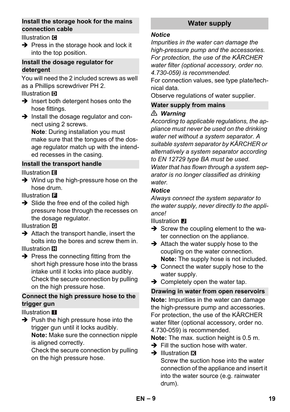 Install the dosage regulator for detergent, Install the transport handle, Connect the high pressure hose to the trigger gun | Water supply, Water supply from mains, Drawing in water from open reservoirs | Karcher K 7 Premium eco!ogic Home User Manual | Page 19 / 296