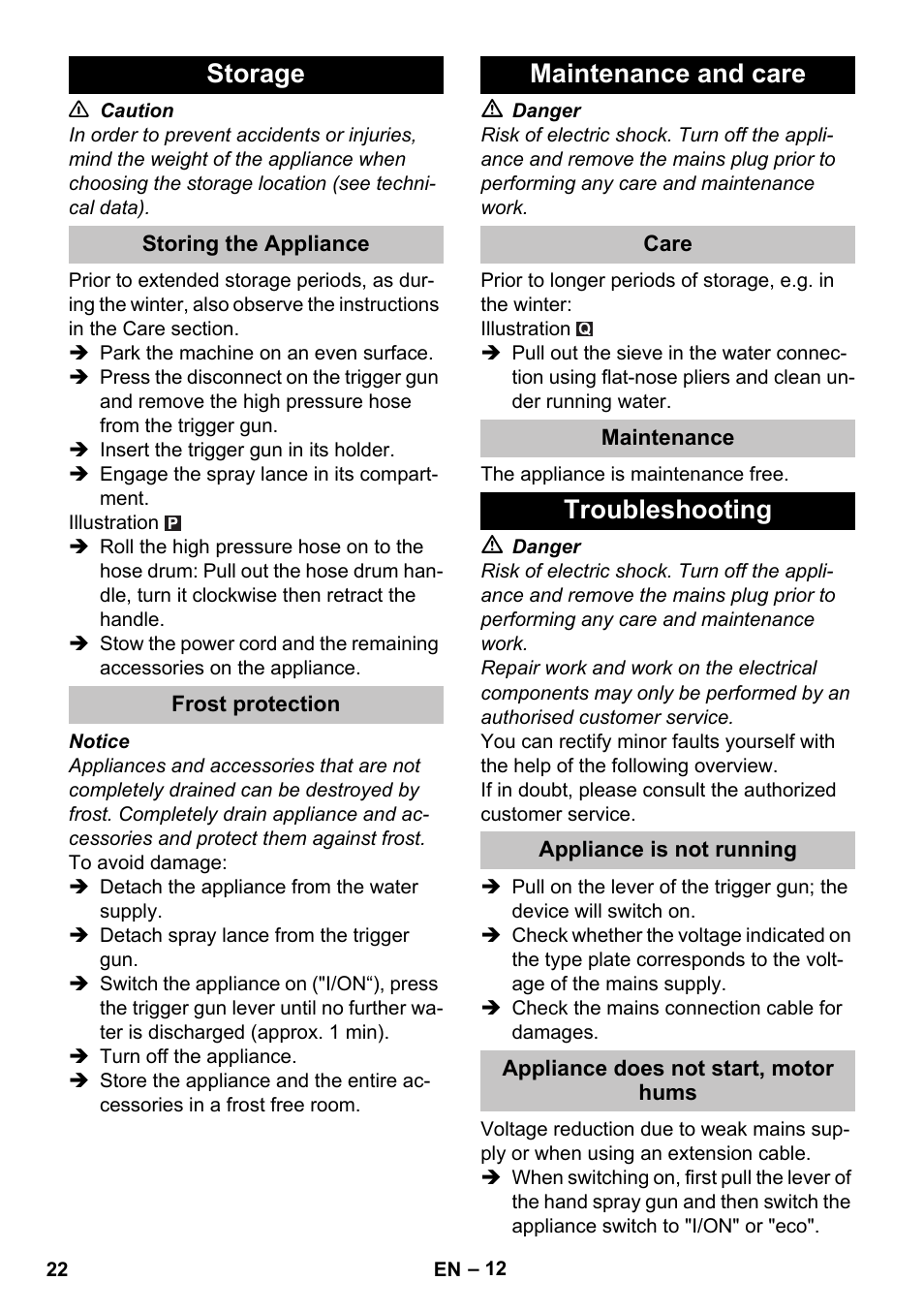 Storage, Storing the appliance, Frost protection | Maintenance and care, Care, Maintenance, Troubleshooting, Appliance is not running, Appliance does not start, motor hums | Karcher K 7 Premium eco!ogic Home User Manual | Page 22 / 296