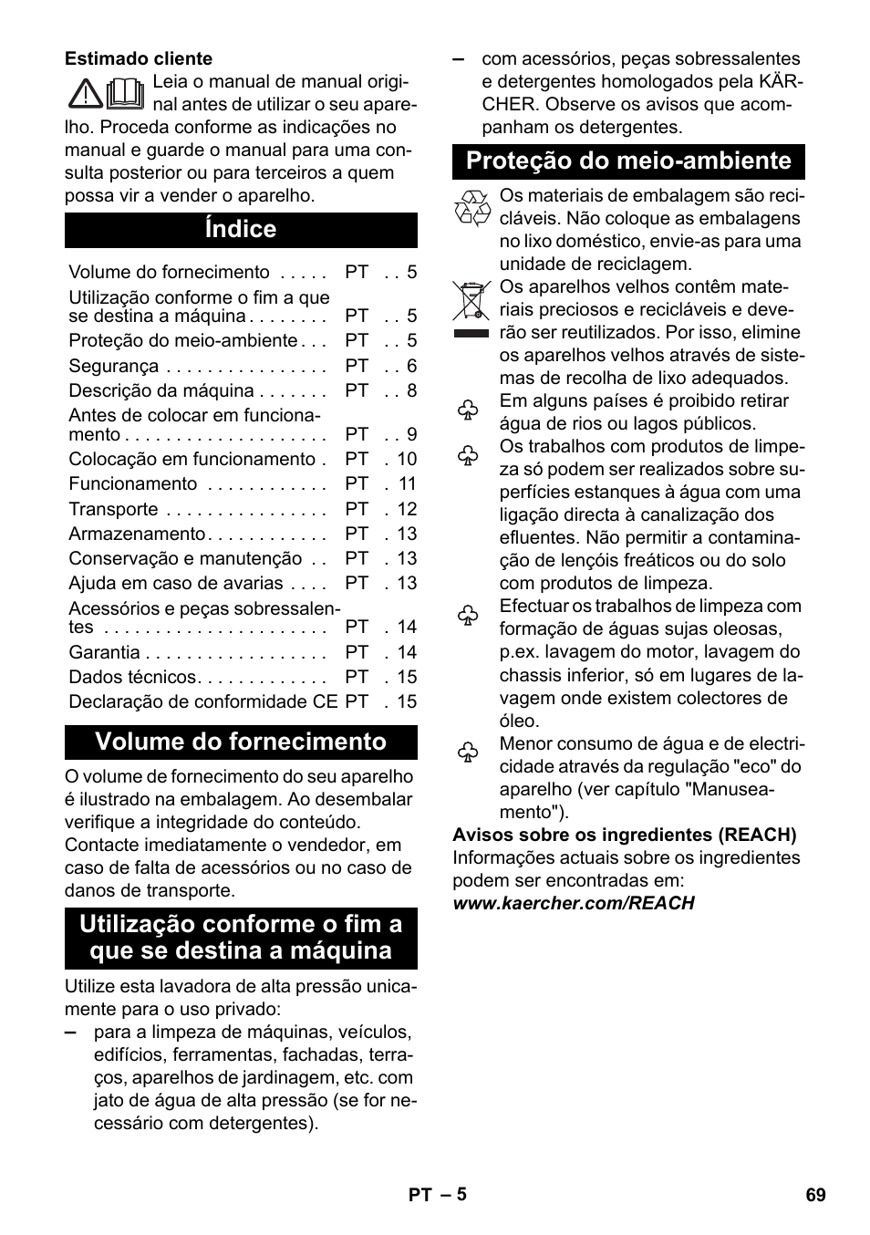 Português, Índice, Volume do fornecimento | Proteção do meio-ambiente | Karcher K 7 Premium eco!ogic Home User Manual | Page 69 / 296