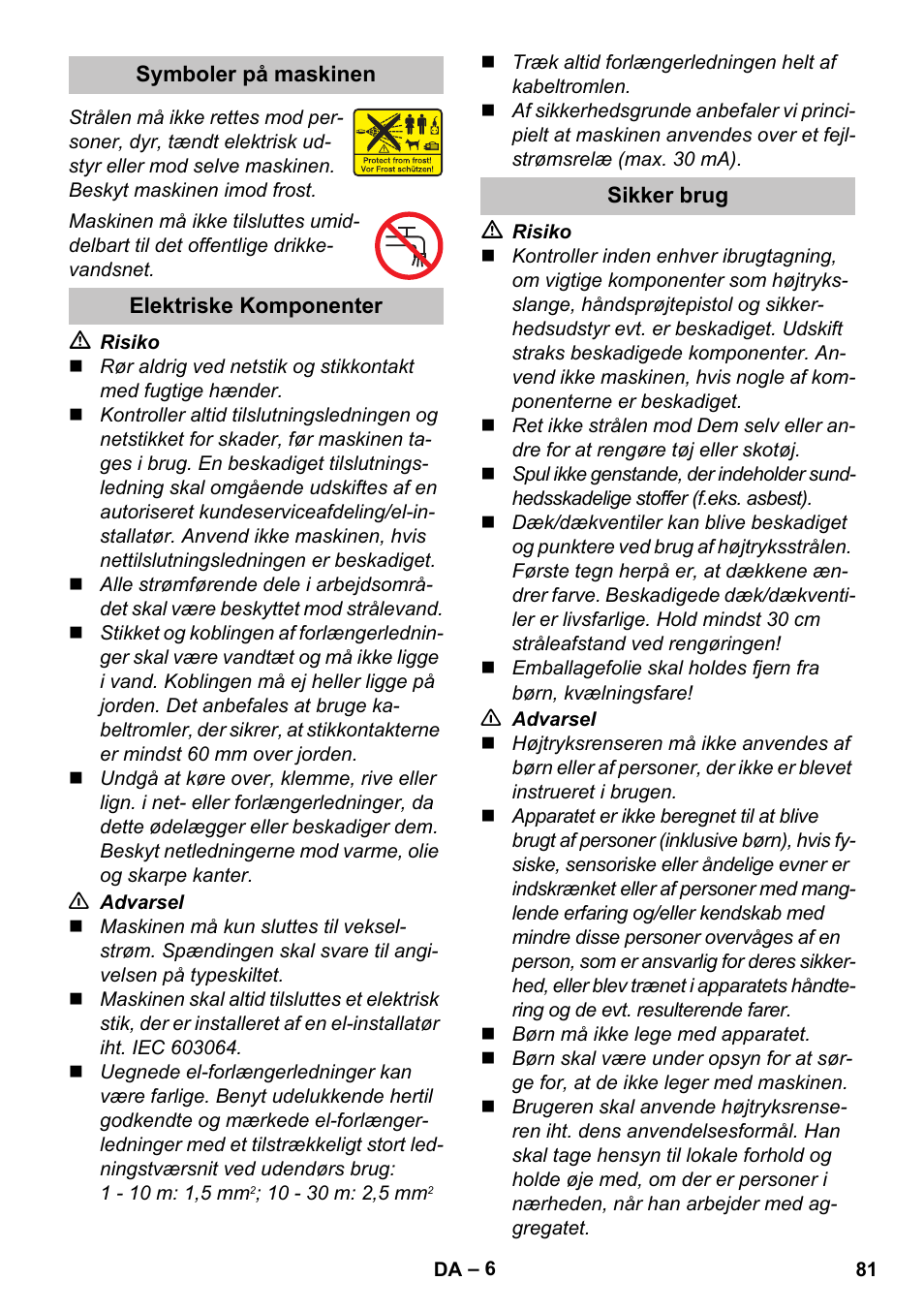 Symboler på maskinen, Elektriske komponenter, Sikker brug | Karcher K 7 Premium eco!ogic Home User Manual | Page 81 / 296