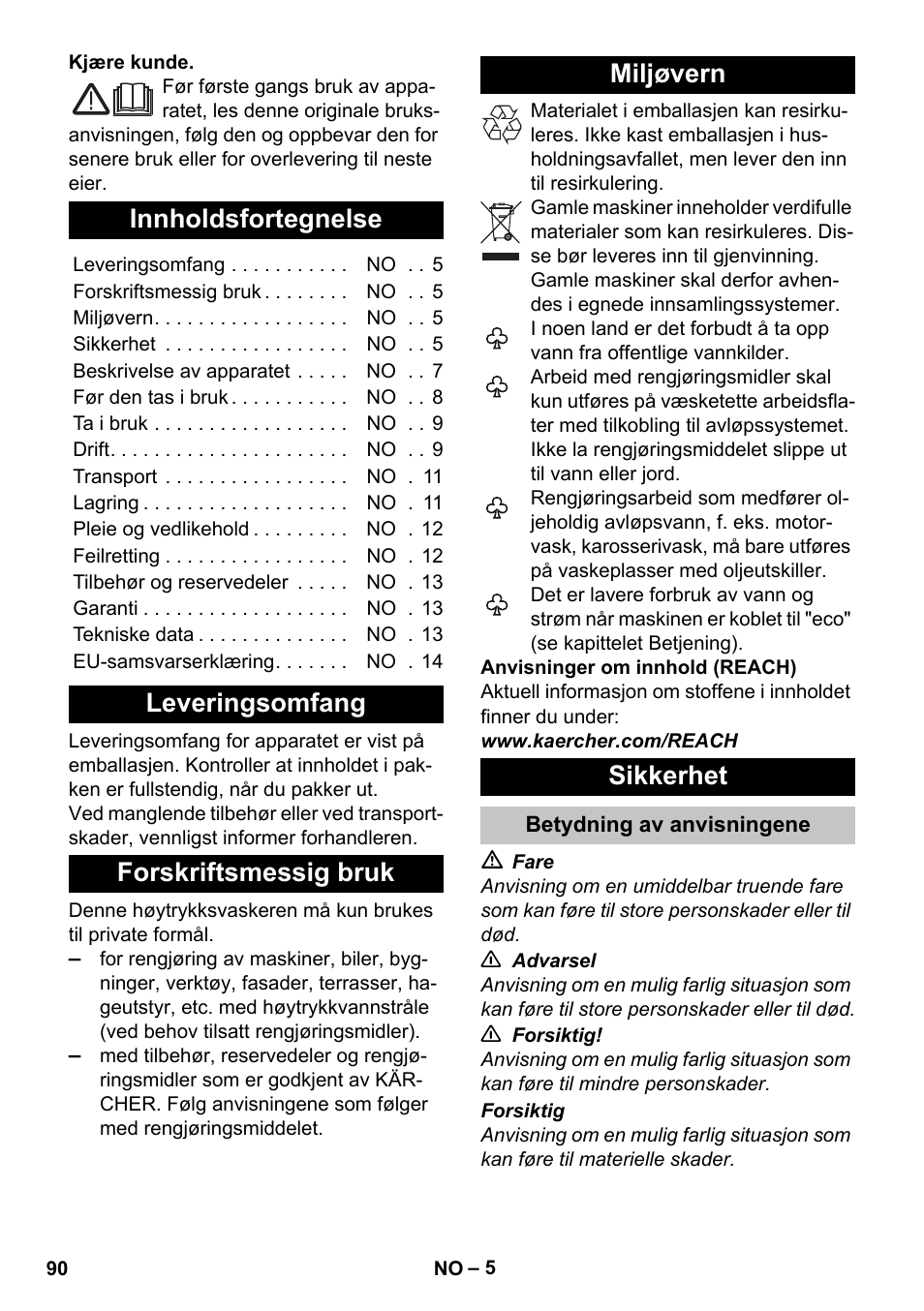 Norsk, Innholdsfortegnelse, Leveringsomfang | Forskriftsmessig bruk, Miljøvern, Sikkerhet, Betydning av anvisningene | Karcher K 7 Premium eco!ogic Home User Manual | Page 90 / 296