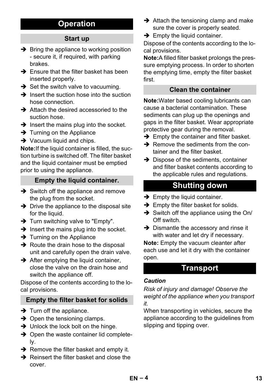Operation, Shutting down transport | Karcher IVL 120-30 User Manual | Page 13 / 208