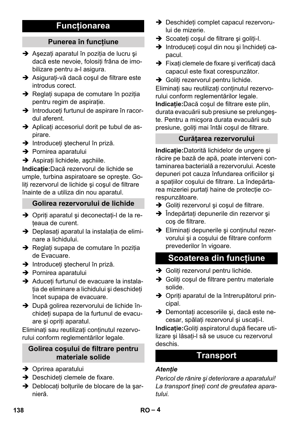 Funcţionarea, Scoaterea din funcţiune transport | Karcher IVL 120-30 User Manual | Page 138 / 208