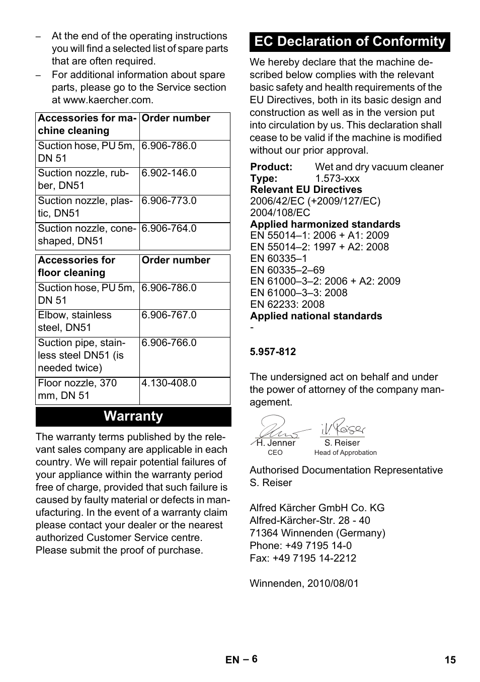 Warranty ec declaration of conformity | Karcher IVL 120-30 User Manual | Page 15 / 208