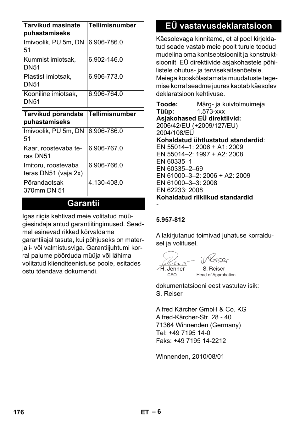 Garantii eü vastavusdeklaratsioon | Karcher IVL 120-30 User Manual | Page 176 / 208