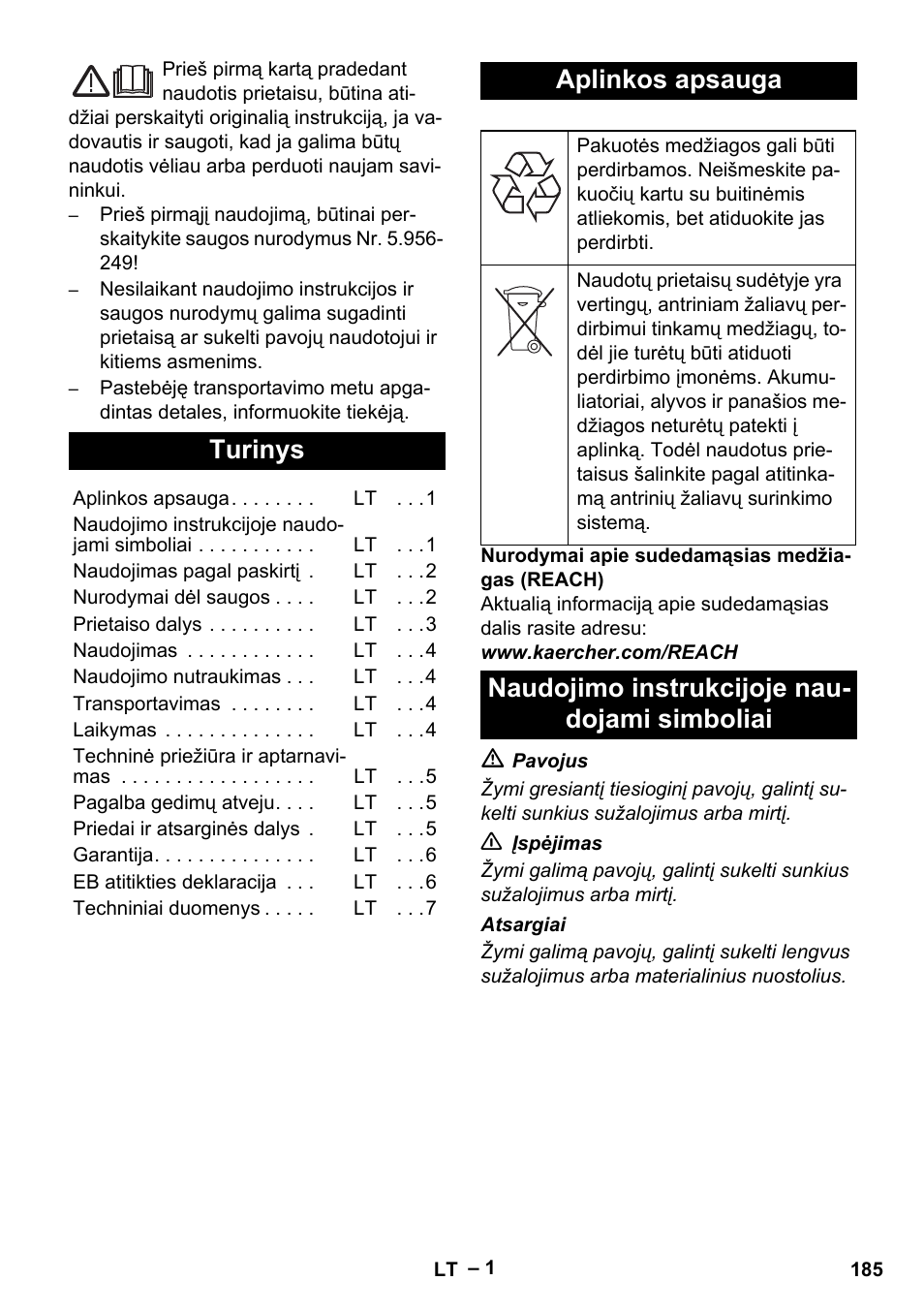 Lietuviškai, Turinys, Aplinkos apsauga | Naudojimo instrukcijoje nau- dojami simboliai | Karcher IVL 120-30 User Manual | Page 185 / 208