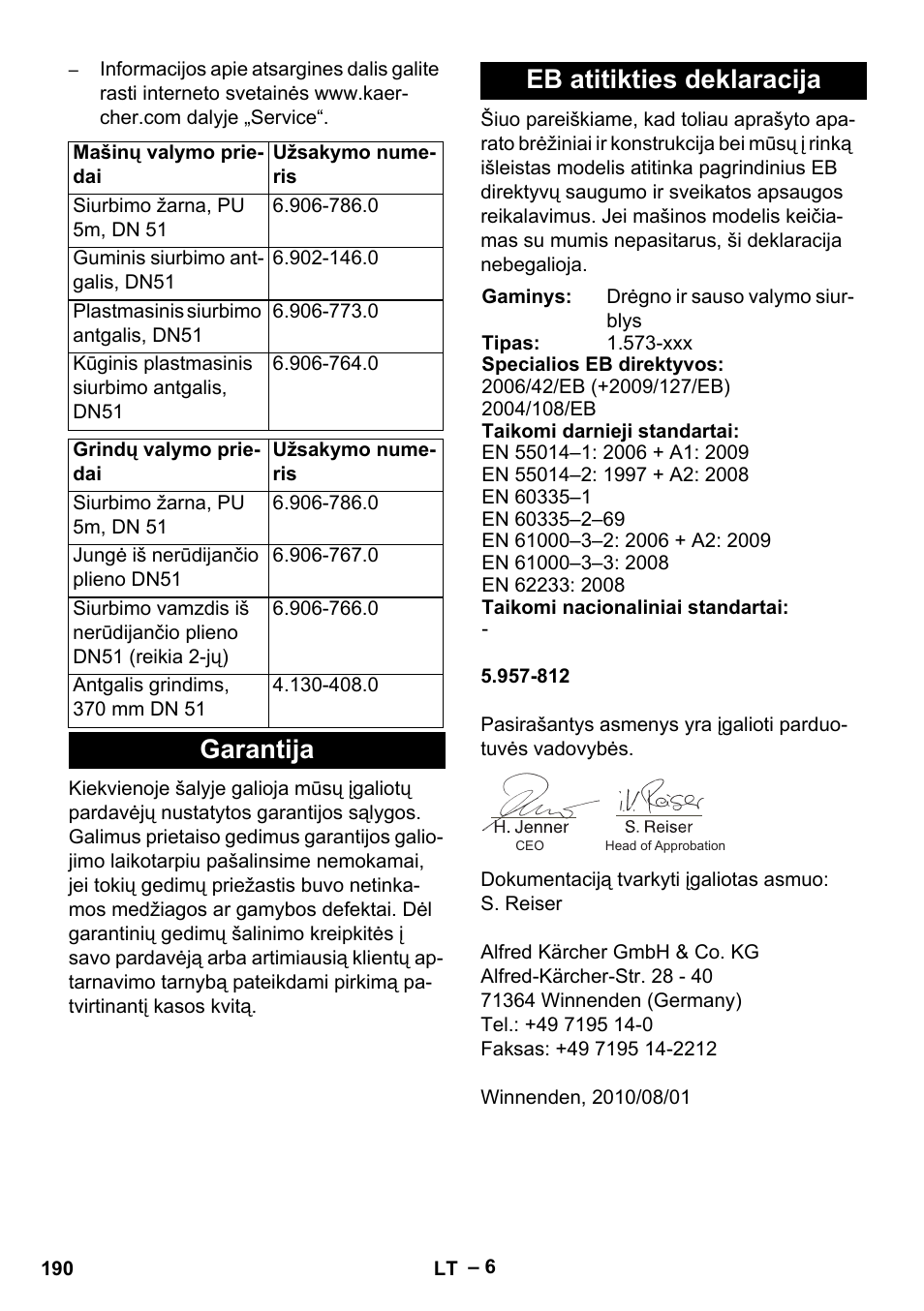 Garantija eb atitikties deklaracija | Karcher IVL 120-30 User Manual | Page 190 / 208
