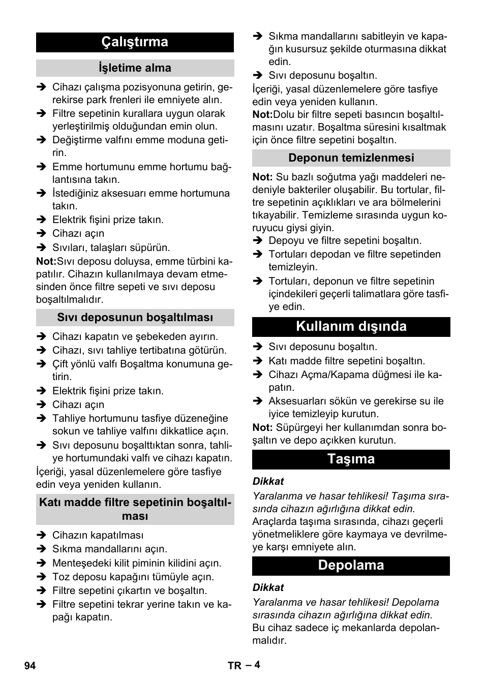 Çalıştırma, Kullanım dışında taşıma depolama | Karcher IVL 120-30 User Manual | Page 94 / 208