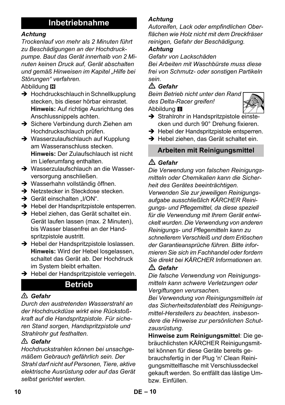 Inbetriebnahme, Betrieb, Arbeiten mit reinigungsmittel | Inbetriebnahme betrieb | Karcher K 7 User Manual | Page 10 / 288