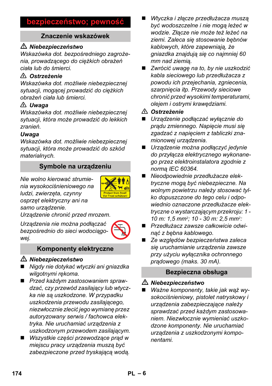 Bezpieczeństwo; pewność, Znaczenie wskazówek, Symbole na urządzeniu | Komponenty elektryczne, Bezpieczna obsługa | Karcher K 7 User Manual | Page 174 / 288
