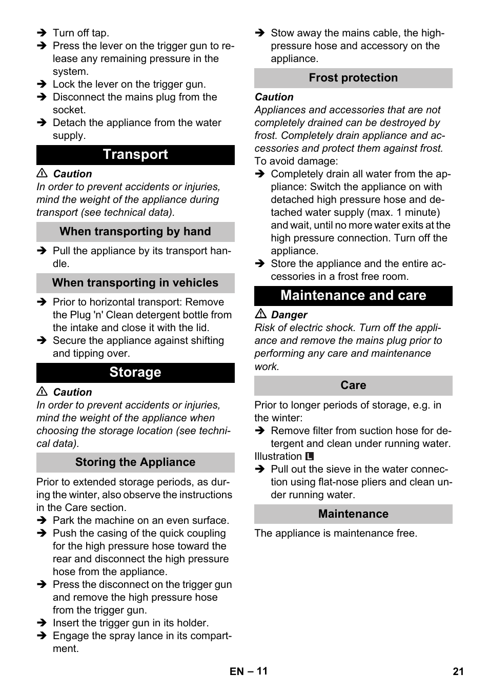 Transport, When transporting by hand, When transporting in vehicles | Storage, Storing the appliance, Frost protection, Maintenance and care, Care, Maintenance | Karcher K 7 User Manual | Page 21 / 288