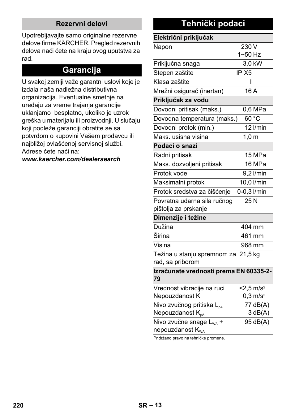 Rezervni delovi, Garancija, Tehnički podaci | Garancija tehnički podaci | Karcher K 7 User Manual | Page 220 / 288