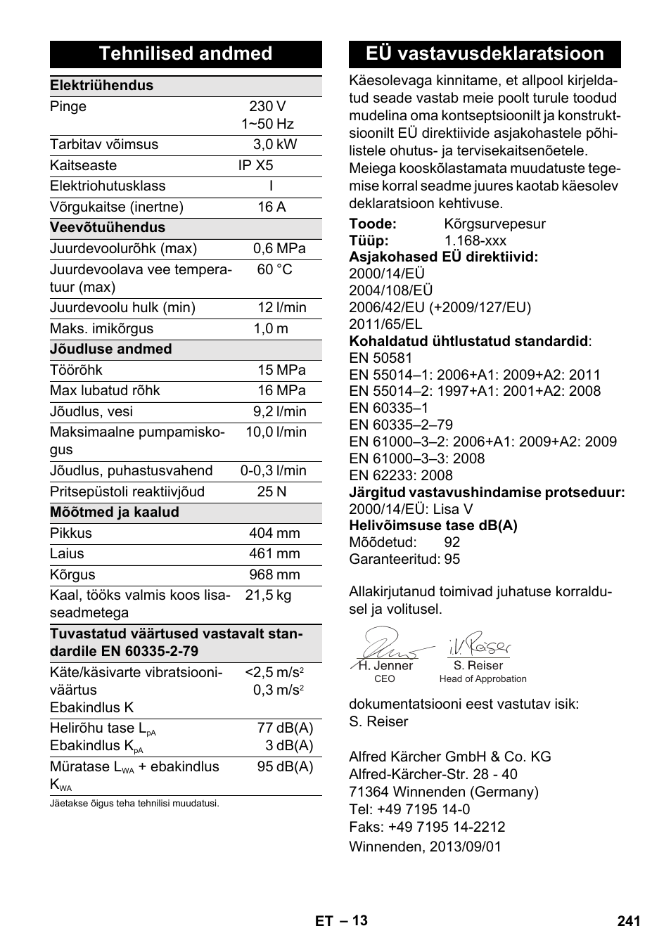 Tehnilised andmed, Eü vastavusdeklaratsioon | Karcher K 7 User Manual | Page 241 / 288
