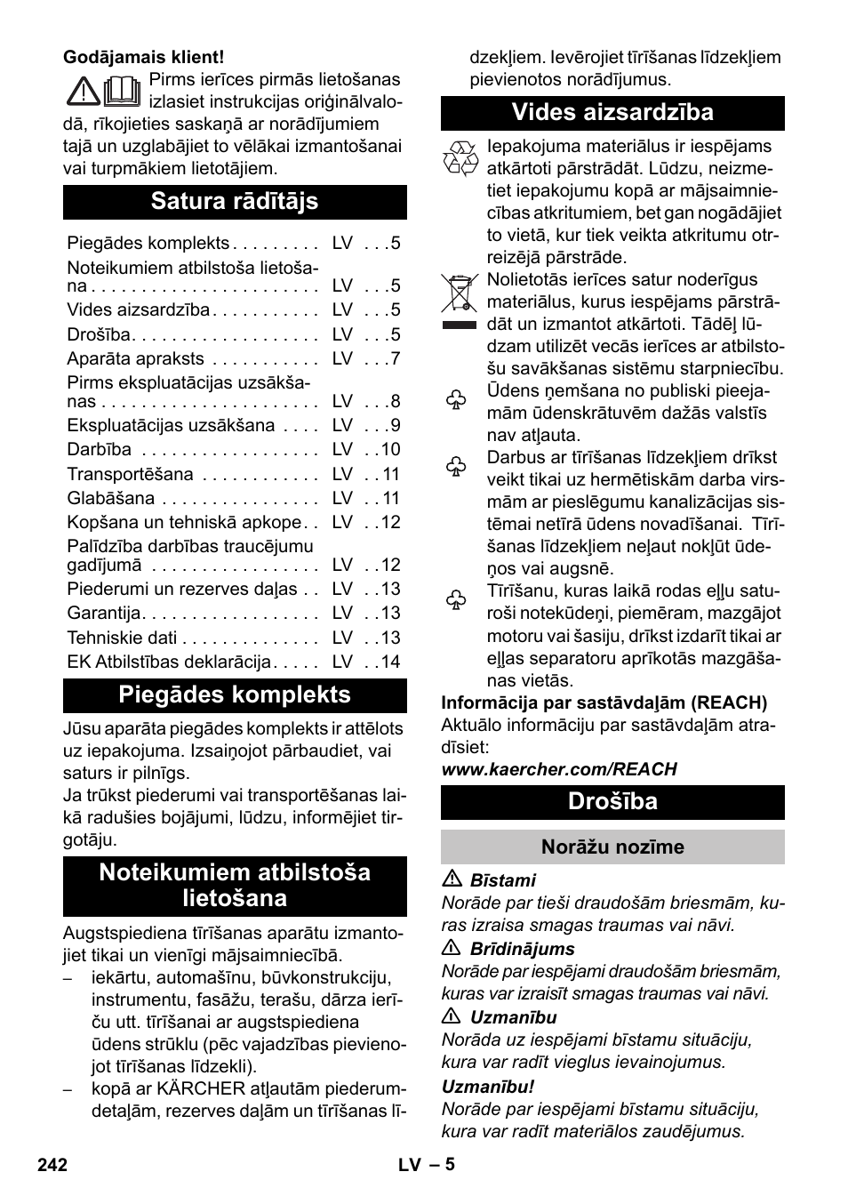 Latviešu, Satura rādītājs, Piegādes komplekts | Noteikumiem atbilstoša lietošana, Vides aizsardzība, Drošība, Norāžu nozīme | Karcher K 7 User Manual | Page 242 / 288