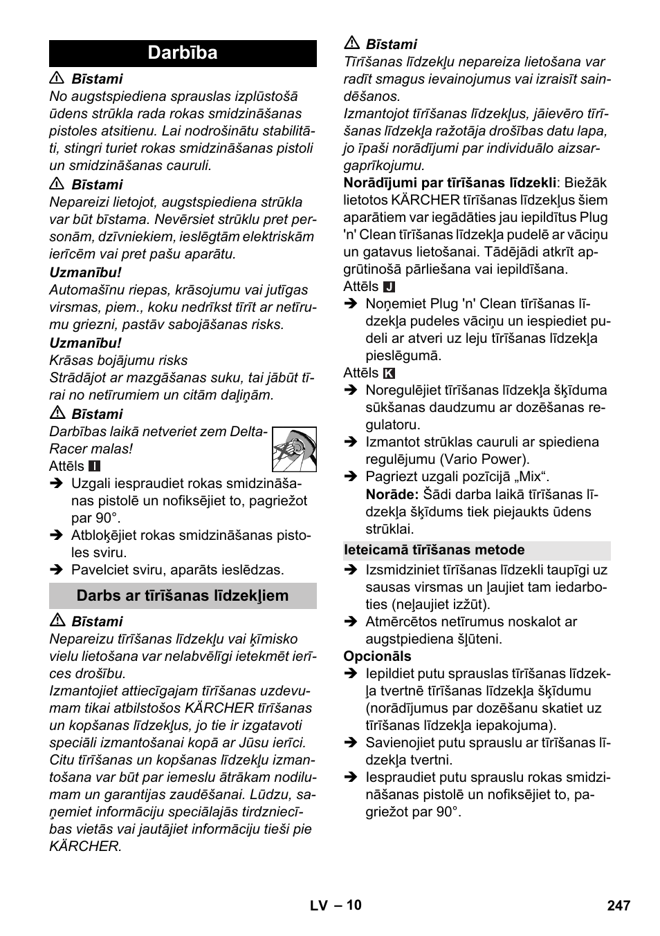 Darbība, Darbs ar tīrīšanas līdzekļiem, Ieteicamā tīrīšanas metode | Karcher K 7 User Manual | Page 247 / 288