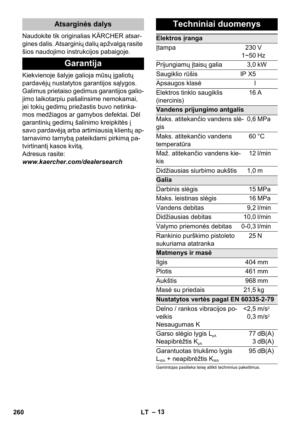 Atsarginės dalys, Garantija, Techniniai duomenys | Garantija techniniai duomenys | Karcher K 7 User Manual | Page 260 / 288