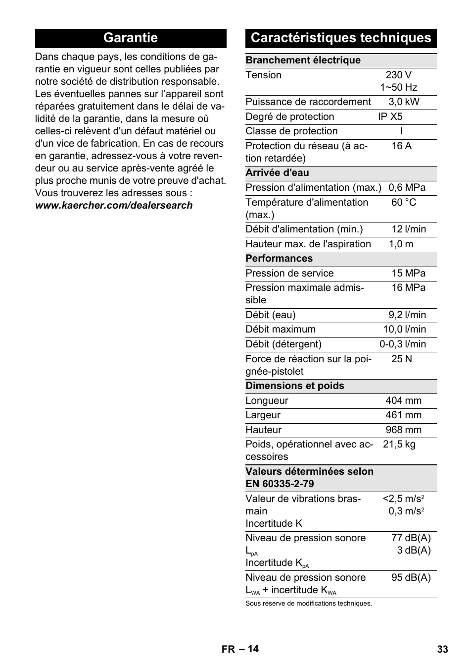 Garantie, Caractéristiques techniques, Garantie caractéristiques techniques | Karcher K 7 User Manual | Page 33 / 288