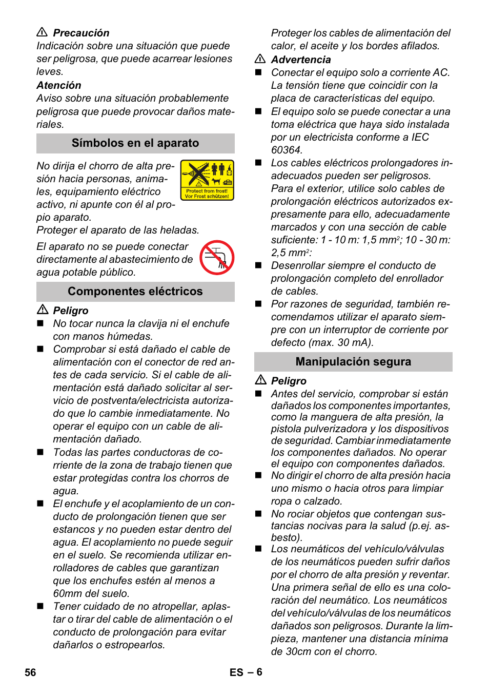Símbolos en el aparato, Componentes eléctricos, Manipulación segura | Karcher K 7 User Manual | Page 56 / 288