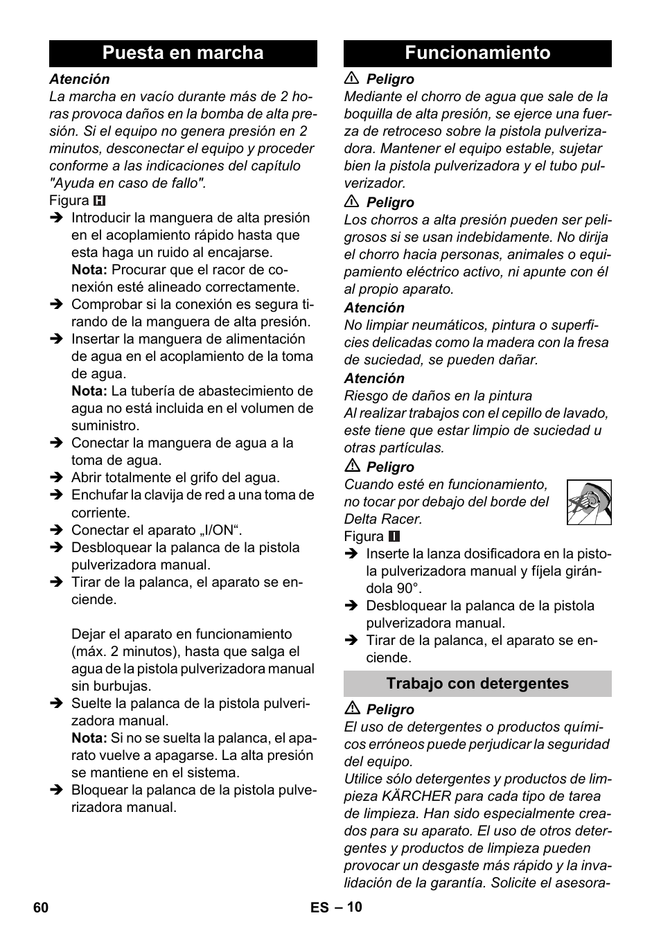 Puesta en marcha, Funcionamiento, Trabajo con detergentes | Puesta en marcha funcionamiento | Karcher K 7 User Manual | Page 60 / 288