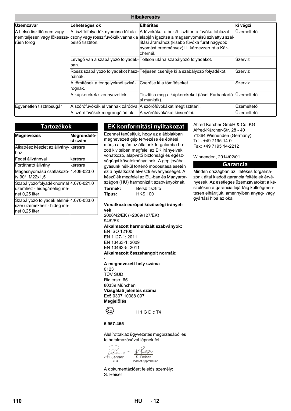 Hibakeresés, Tartozékok, Ek konformitási nyiltakozat | Garancia | Karcher HKS 100 User Manual | Page 110 / 124