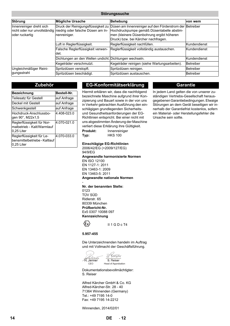 Störungssuche, Zubehör, Eg-konformitätserklärung | Garantie | Karcher HKS 100 User Manual | Page 14 / 124