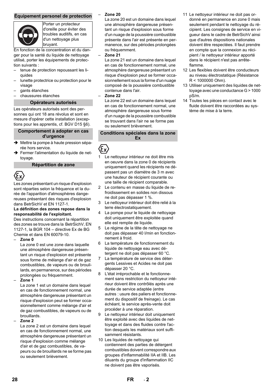 Équipement personel de protection, Opérateurs autorisés, Comportement à adopter en cas d'urgence | Répartition de zone, Conditions spéciales dans la zone ex | Karcher HKS 100 User Manual | Page 28 / 124
