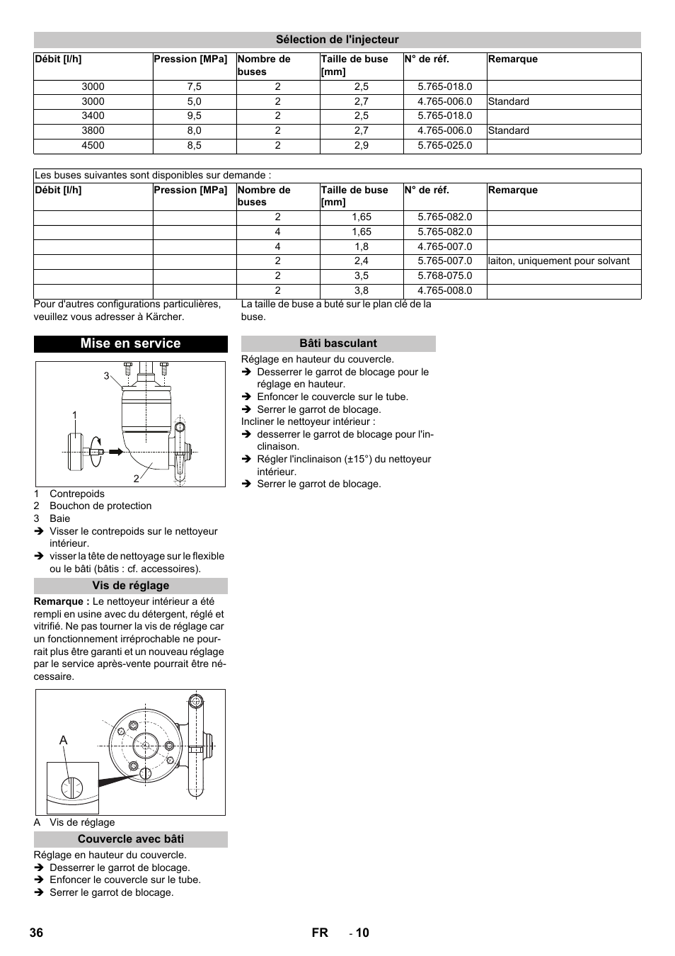 Sélection de l'injecteur, Mise en service, Vis de réglage | Couvercle avec bâti, Bâti basculant | Karcher HKS 100 User Manual | Page 36 / 124