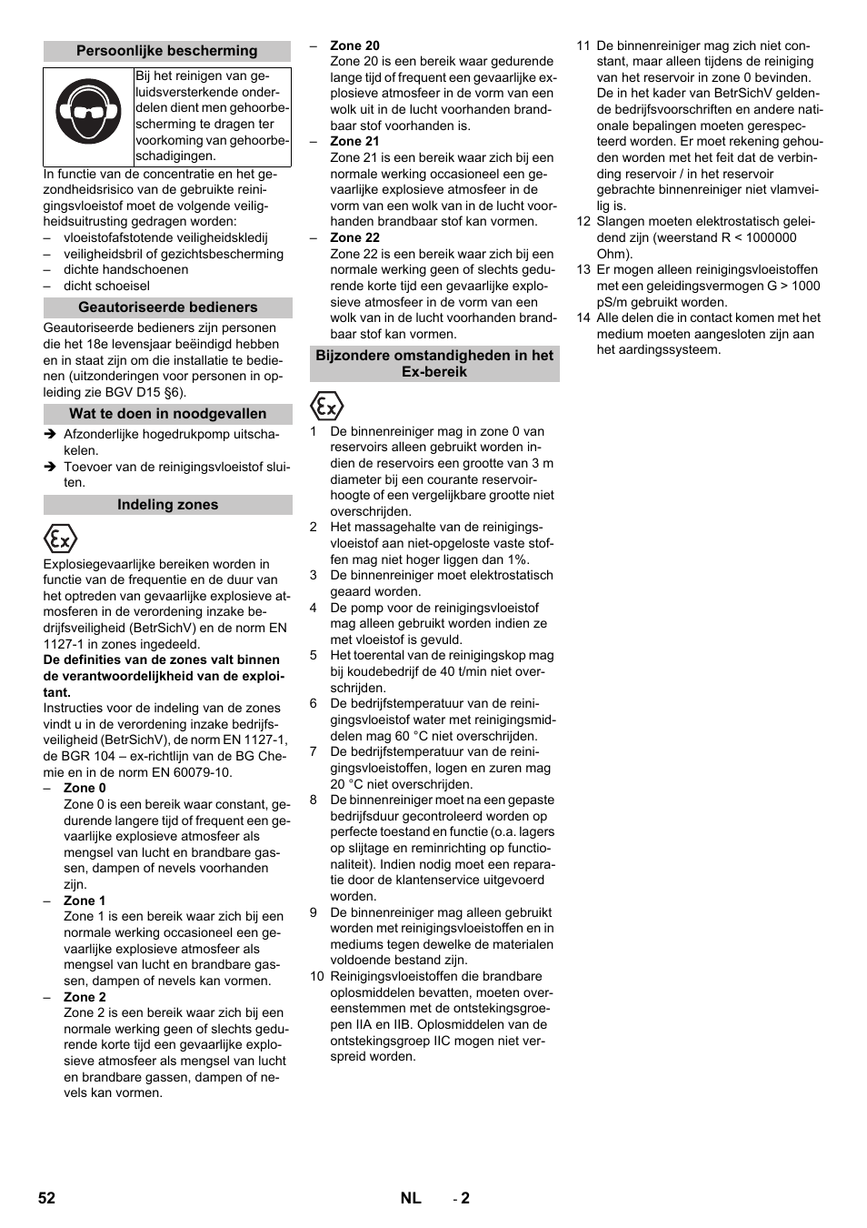 Persoonlijke bescherming, Geautoriseerde bedieners, Wat te doen in noodgevallen | Indeling zones, Bijzondere omstandigheden in het ex-bereik | Karcher HKS 100 User Manual | Page 52 / 124