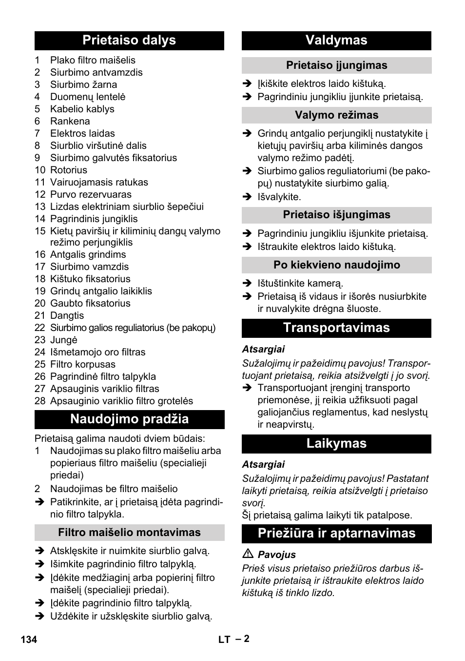 Prietaiso dalys naudojimo pradžia, Valdymas, Transportavimas laikymas priežiūra ir aptarnavimas | Karcher T 12-1 eco!efficiency User Manual | Page 134 / 152