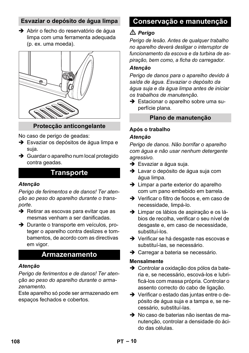 Transporte armazenamento conservação e manutenção | Karcher BD 530 Bp User Manual | Page 108 / 384