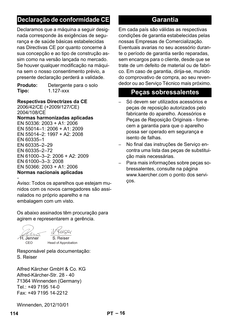 Declaração de conformidade ce, Garantia peças sobressalentes | Karcher BD 530 Bp User Manual | Page 114 / 384
