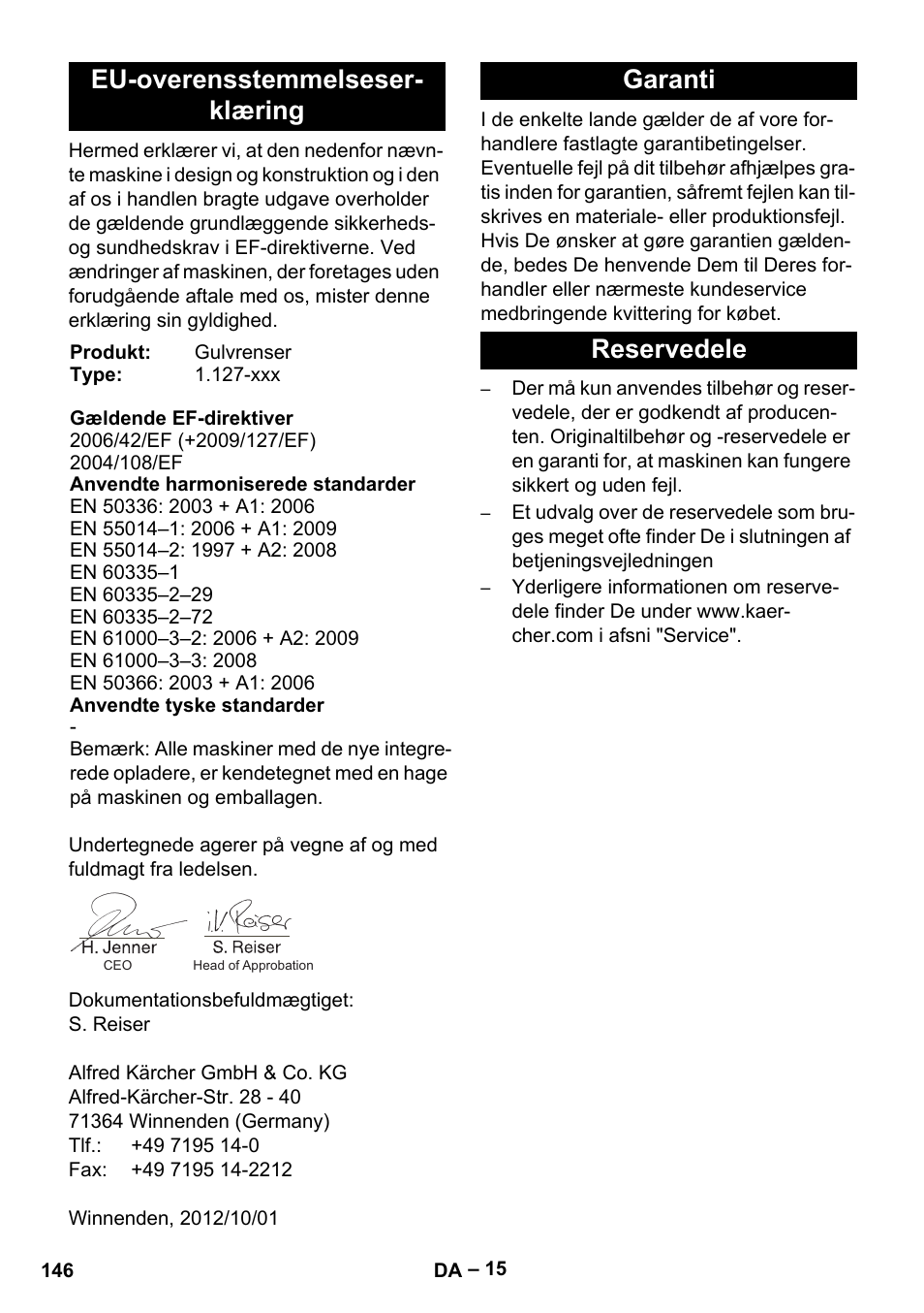 Eu-overensstemmelseser- klæring, Garanti reservedele | Karcher BD 530 Bp User Manual | Page 146 / 384