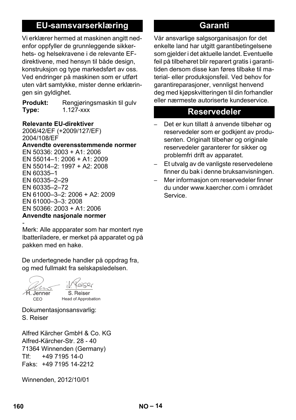 Eu-samsvarserklæring, Garanti reservedeler | Karcher BD 530 Bp User Manual | Page 160 / 384