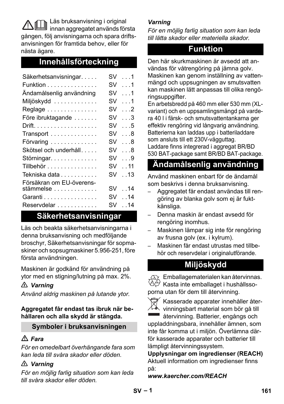 Svenska, Innehållsförteckning, Säkerhetsanvisningar | Funktion ändamålsenlig användning miljöskydd | Karcher BD 530 Bp User Manual | Page 161 / 384
