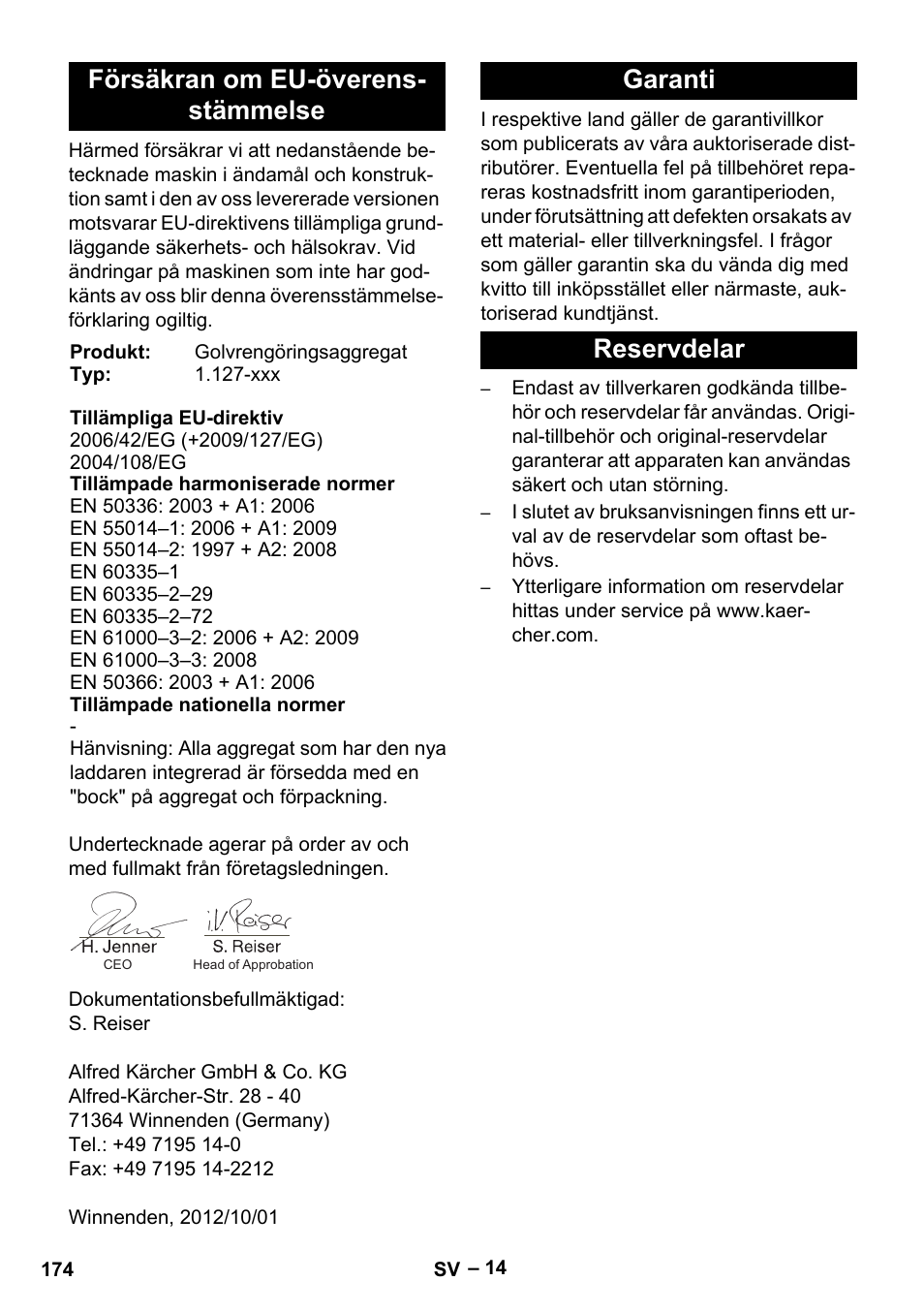 Försäkran om eu-överens- stämmelse, Garanti reservdelar | Karcher BD 530 Bp User Manual | Page 174 / 384