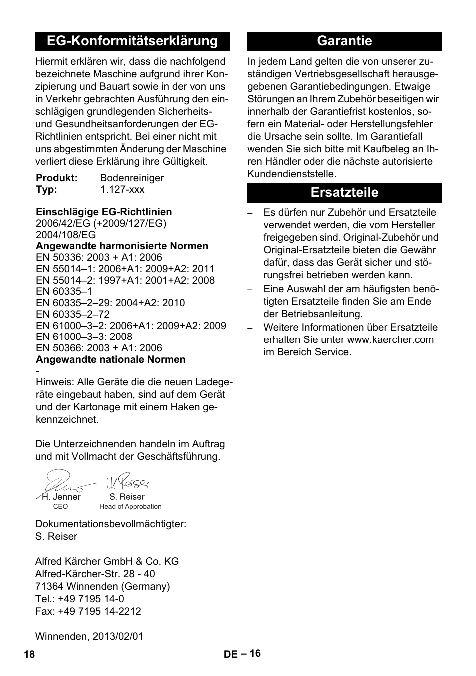 Eg-konformitätserklärung, Garantie ersatzteile | Karcher BD 530 Bp User Manual | Page 18 / 384