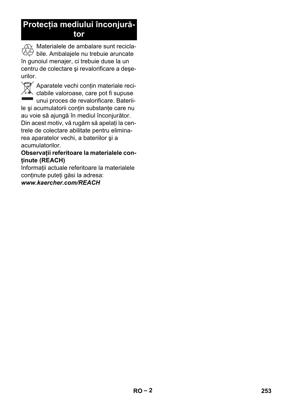Protecţia mediului înconjură- tor | Karcher BD 530 Bp User Manual | Page 253 / 384